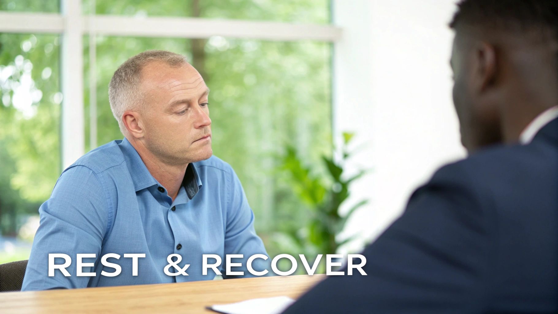 A serious man in a blue shirt listens intently to another person, with 'REST & RECOVER' text.