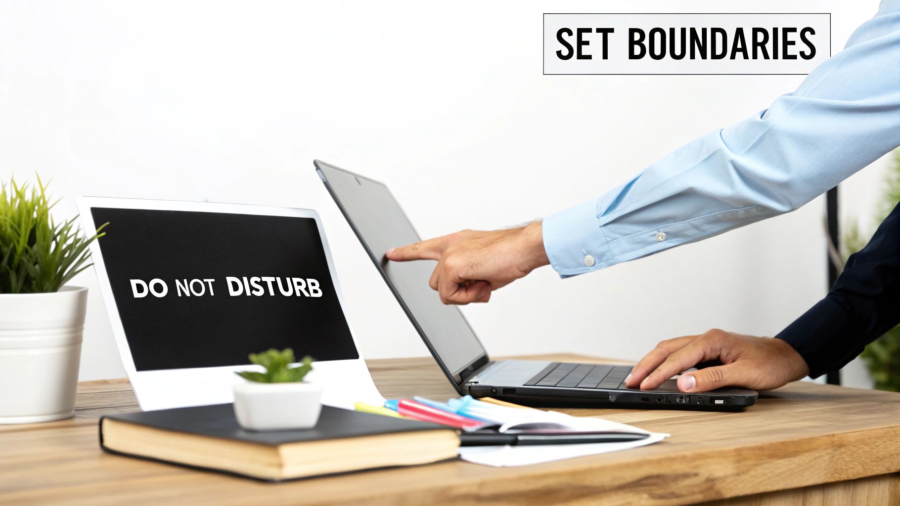 Executive woman confidently setting boundaries in a meeting, symbolizing workload redesign and overcoming burnout. Executive woman confidently setting boundaries in a meeting, symbolizing workload redesign and overcoming burnout.