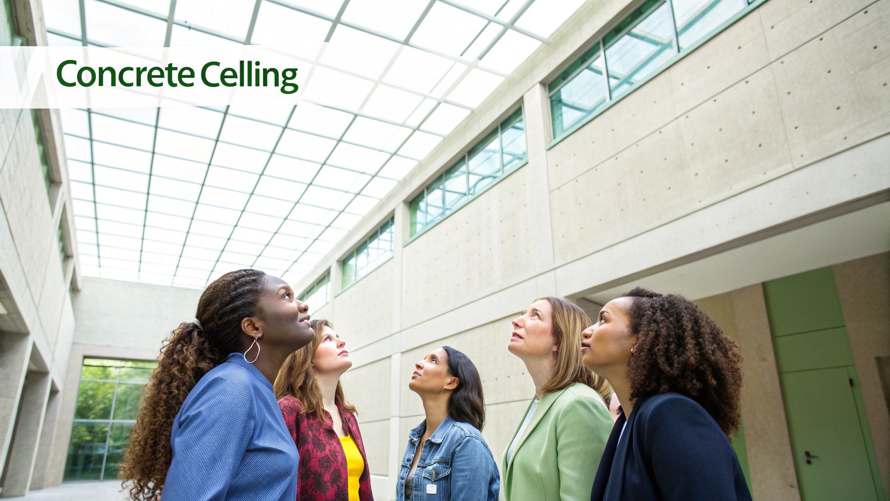 Five diverse professional women looking up at a modern building's concrete and glass ceiling. Five diverse professional women looking up at a modern building's concrete and glass ceiling.