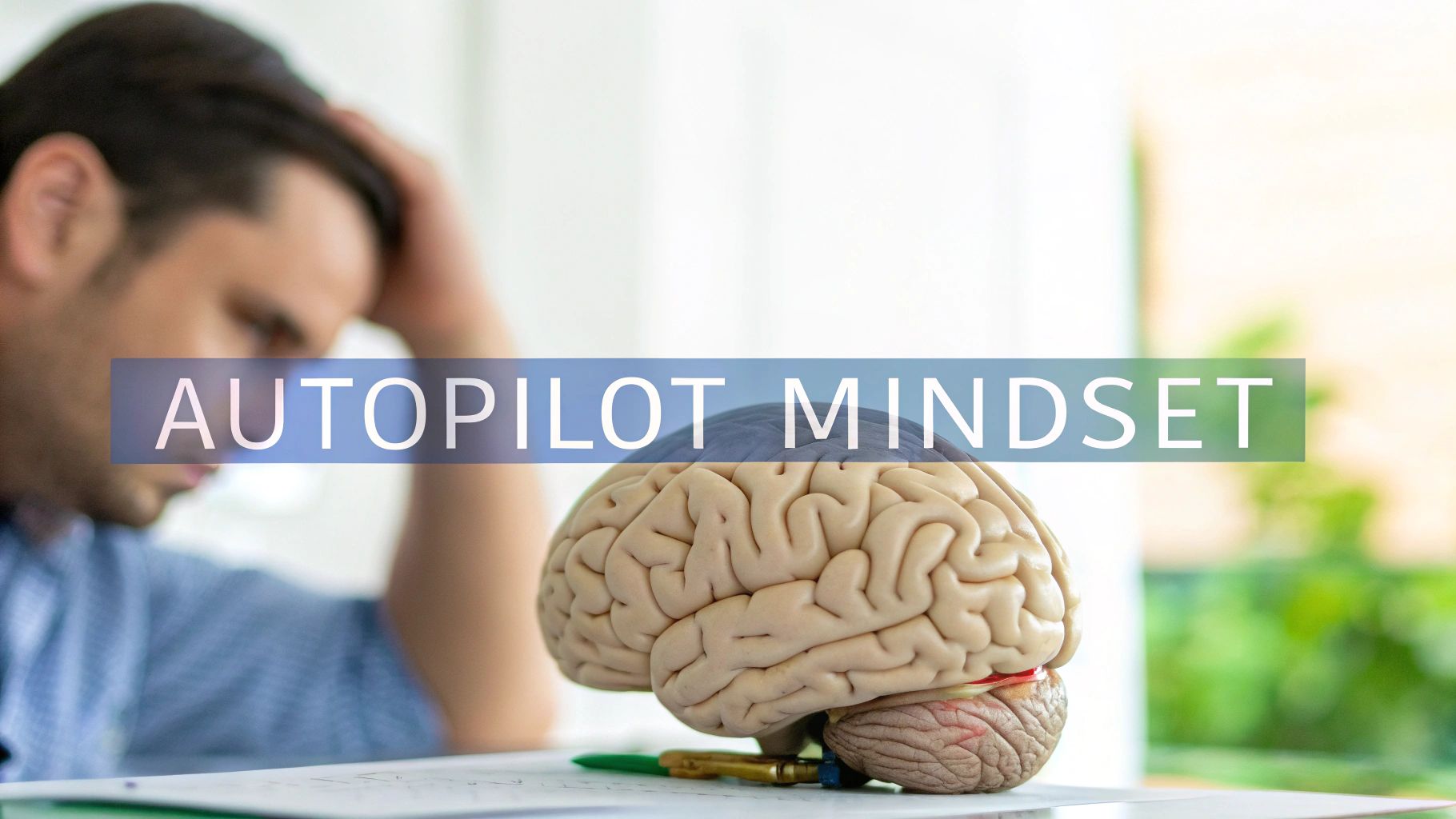 A person with a brain model and the text 'AUTOPILOT MINDSET,' illustrating stress or deep thought.