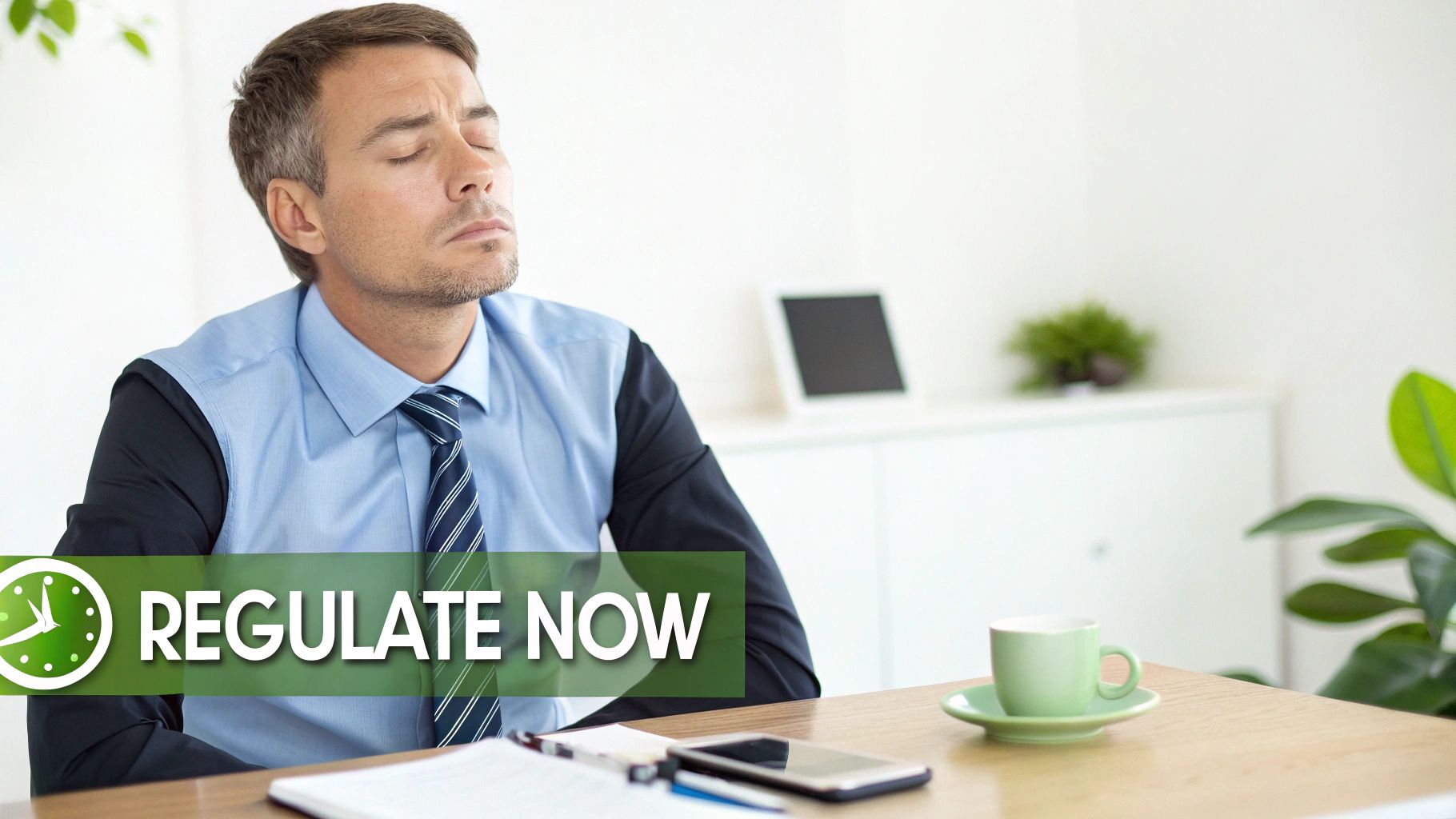 A man in a blue shirt and tie meditates at his desk with a 'REGULATE NOW' banner.