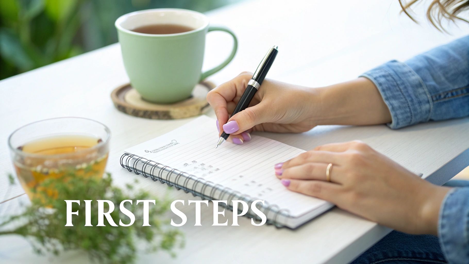 A person writes in a notebook with a pen, next to cups of tea on a white table, overlaid with 'FIRST STEPS'.
