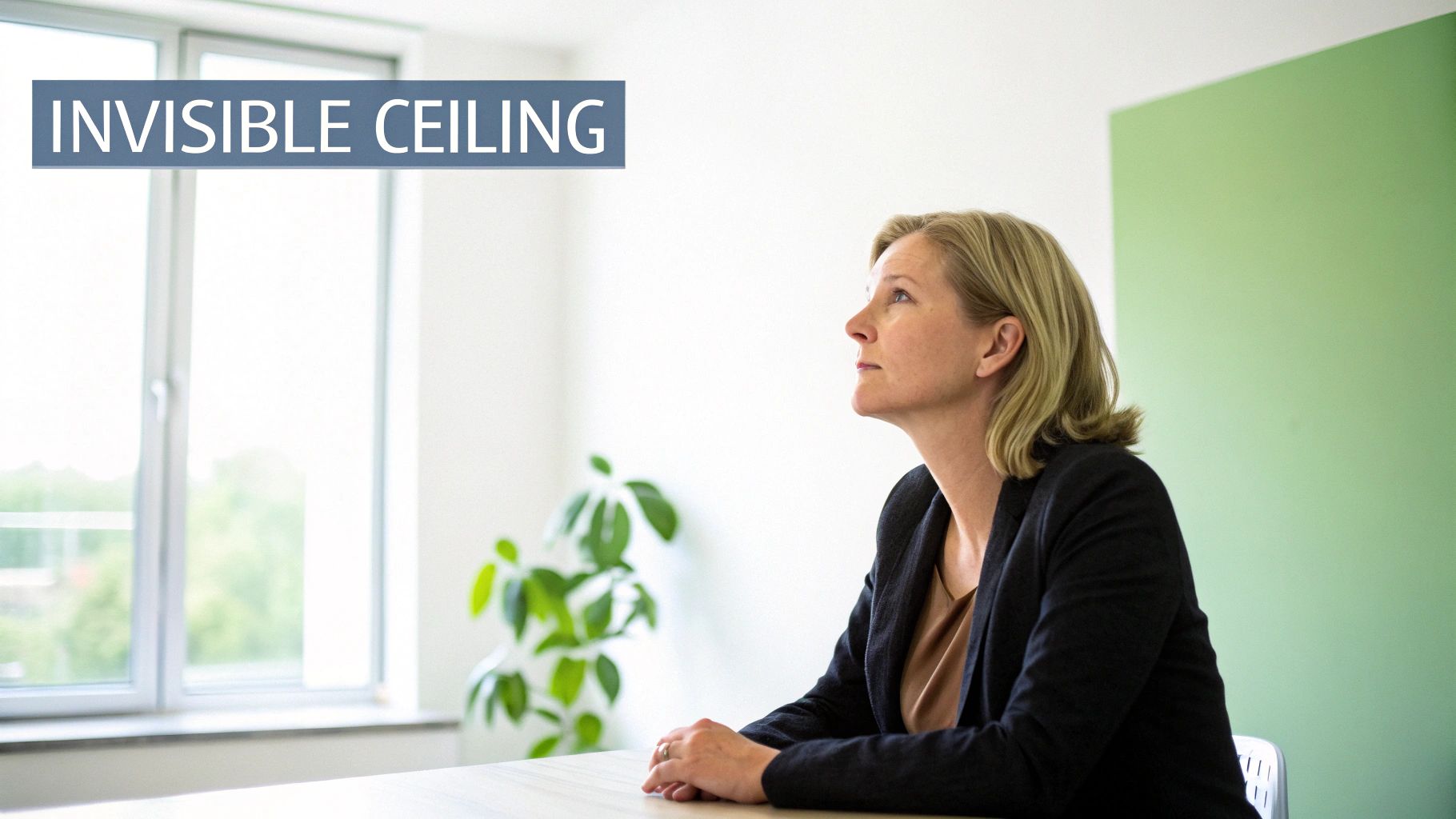 An executive woman finds a moment of calm, symbolizing her journey to regain nervous system balance and authentic leadership.