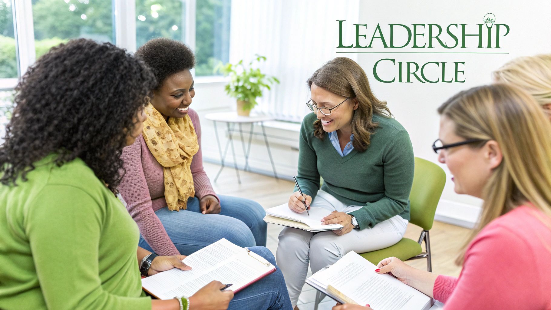 Diverse women in a leadership circle meeting, smiling, discussing, and taking notes together. Diverse women in a leadership circle meeting, smiling, discussing, and taking notes together.