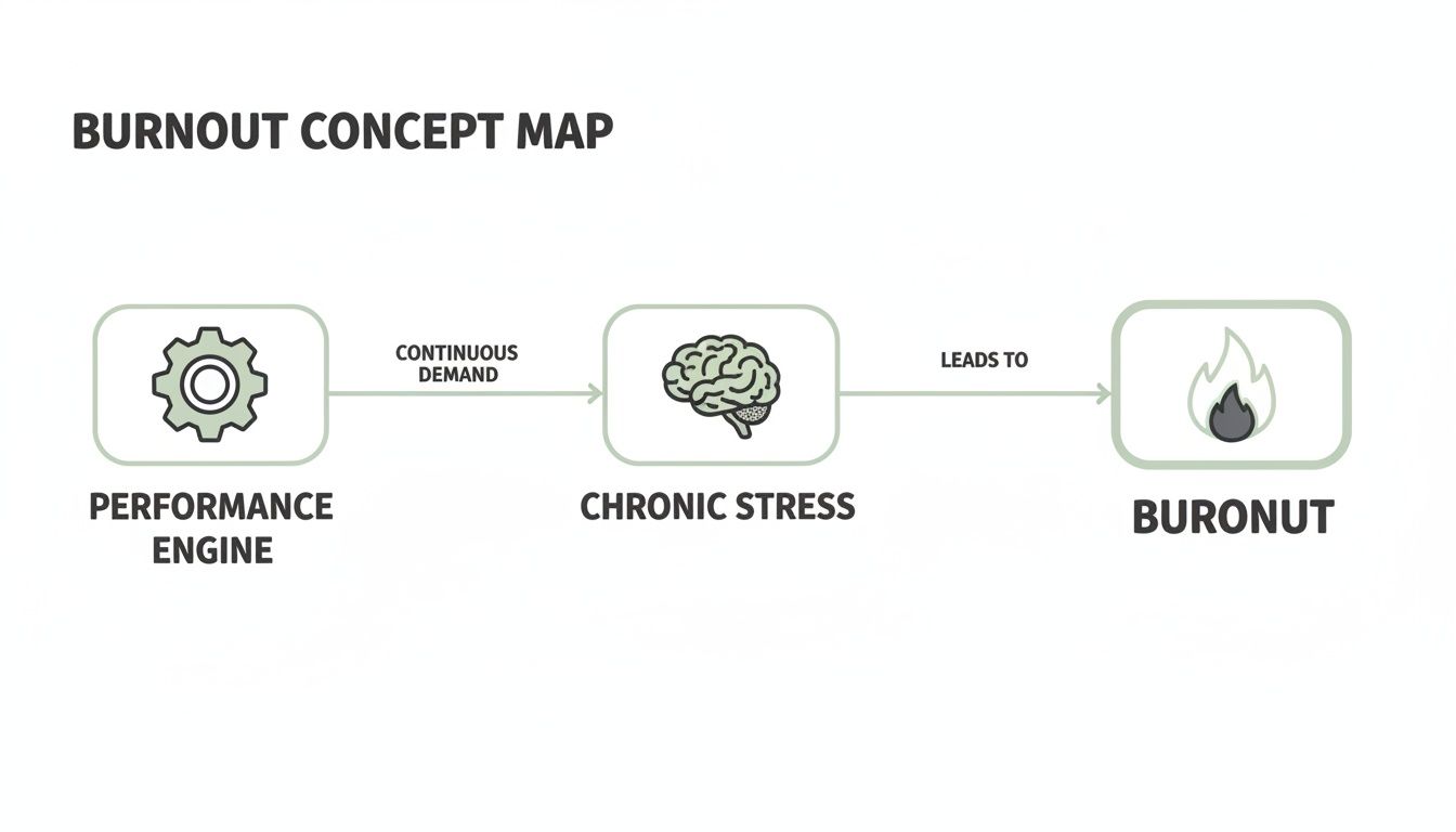Concept map illustrating continuous demand on performance engine leading to chronic stress and burnout. Concept map illustrating continuous demand on performance engine leading to chronic stress and burnout.