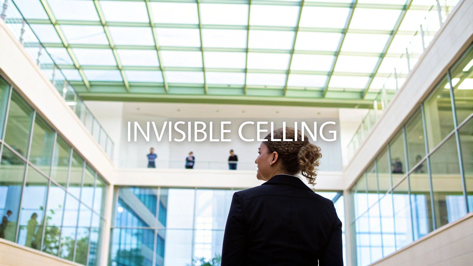 A businesswoman looks up at a glass ceiling in a modern building, with 'INVISIBLE CEILING' text.