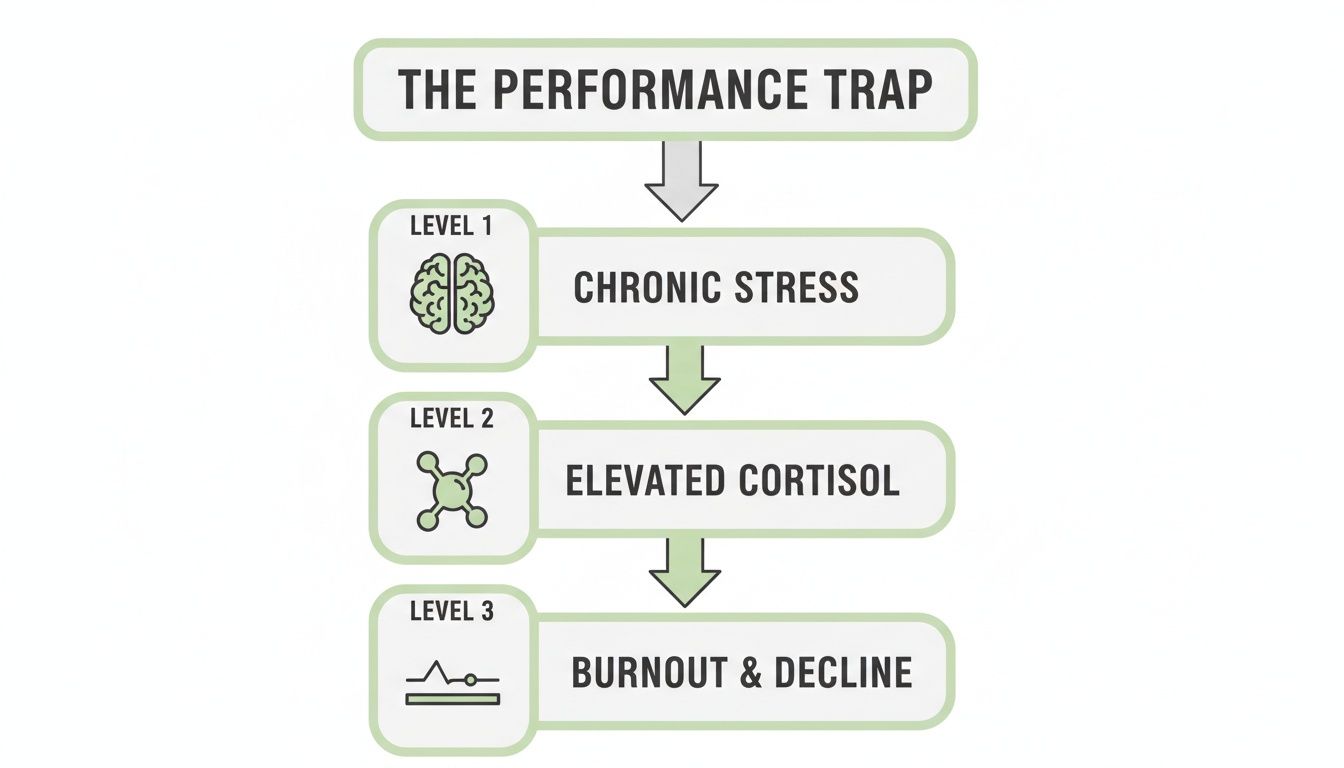 A flowchart illustrating 'The Performance Trap' where chronic stress leads to elevated cortisol and burnout. A flowchart illustrating 'The Performance Trap' where chronic stress leads to elevated cortisol and burnout.