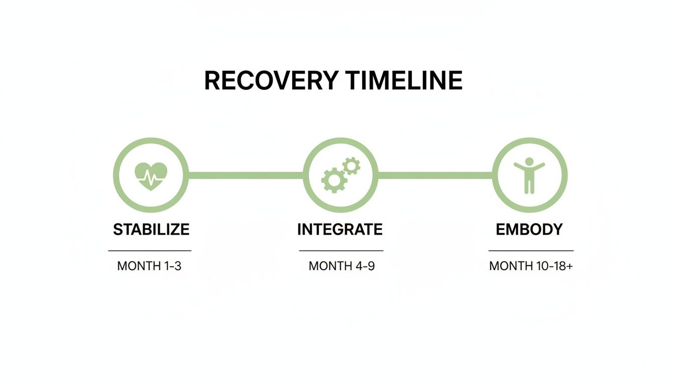 Recovery timeline diagram showing three stages: Stabilize, Integrate, and Embody, with associated timeframes. Recovery timeline diagram showing three stages: Stabilize, Integrate, and Embody, with associated timeframes.