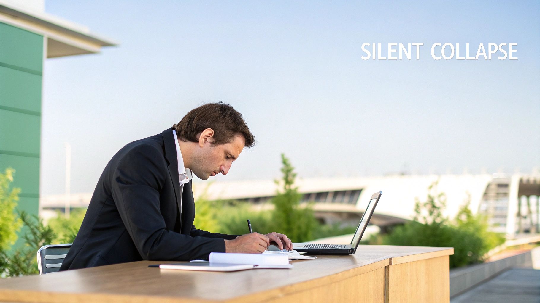 A focused businessman in a suit working outdoors at a desk with a laptop and documents.