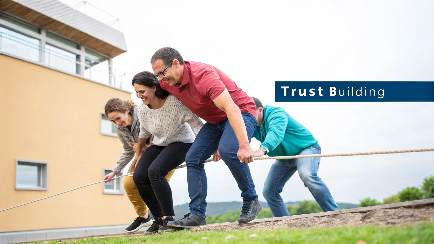 Four diverse individuals smiling and pulling a rope in an outdoor trust building activity. Four diverse individuals smiling and pulling a rope in an outdoor trust building activity.