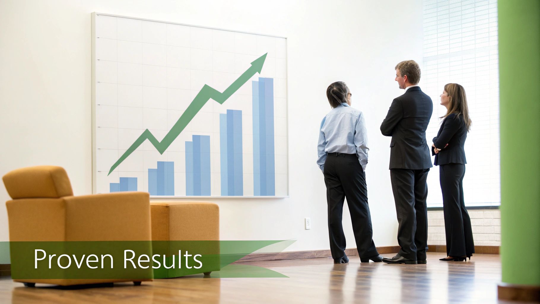 Business professionals viewing upward growth chart showing proven results and increasing performance metrics