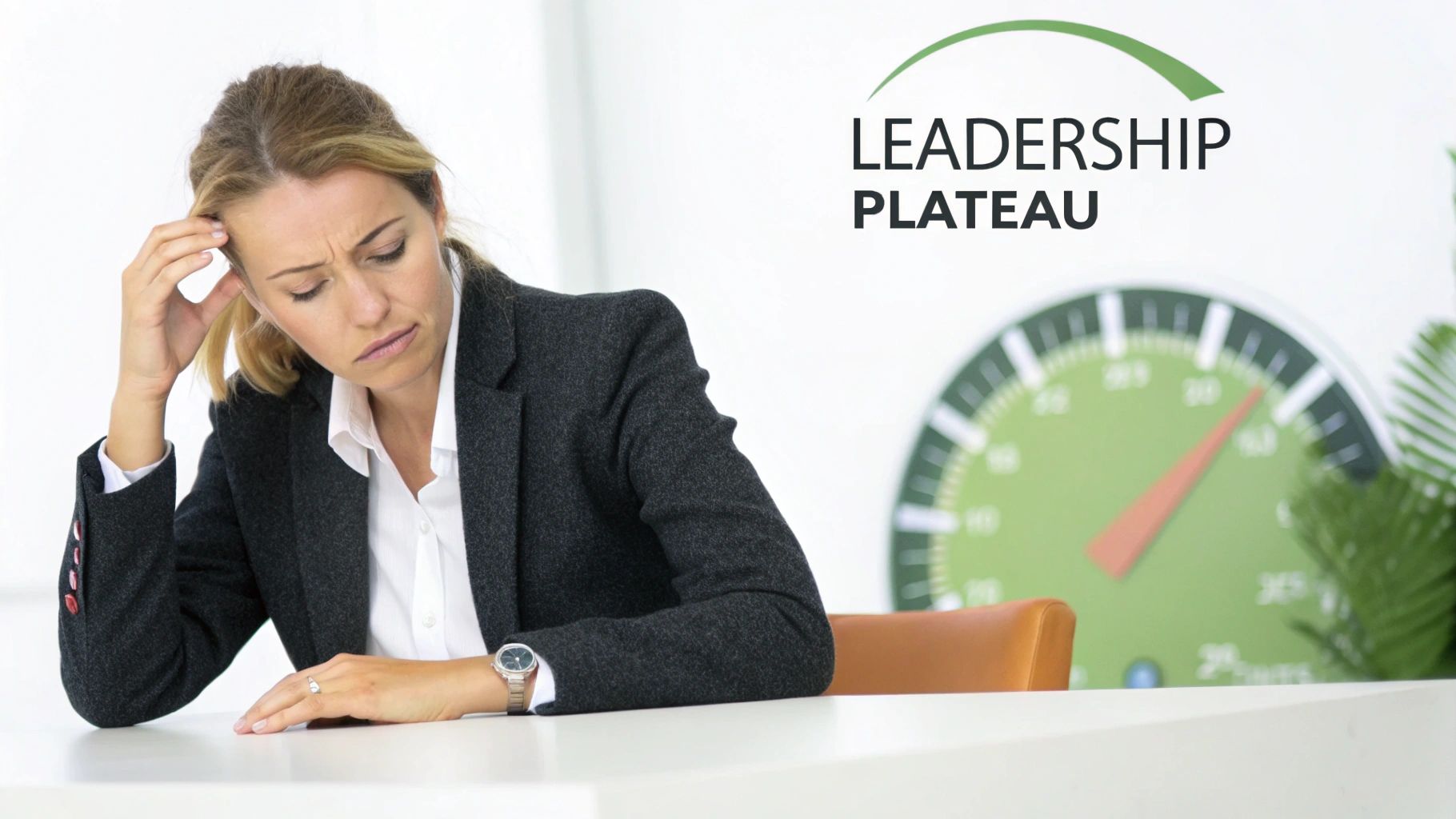 A stressed business woman sits at a table, contemplating a 'Leadership Plateau' sign and progress meter. A stressed business woman sits at a table, contemplating a 'Leadership Plateau' sign and progress meter.