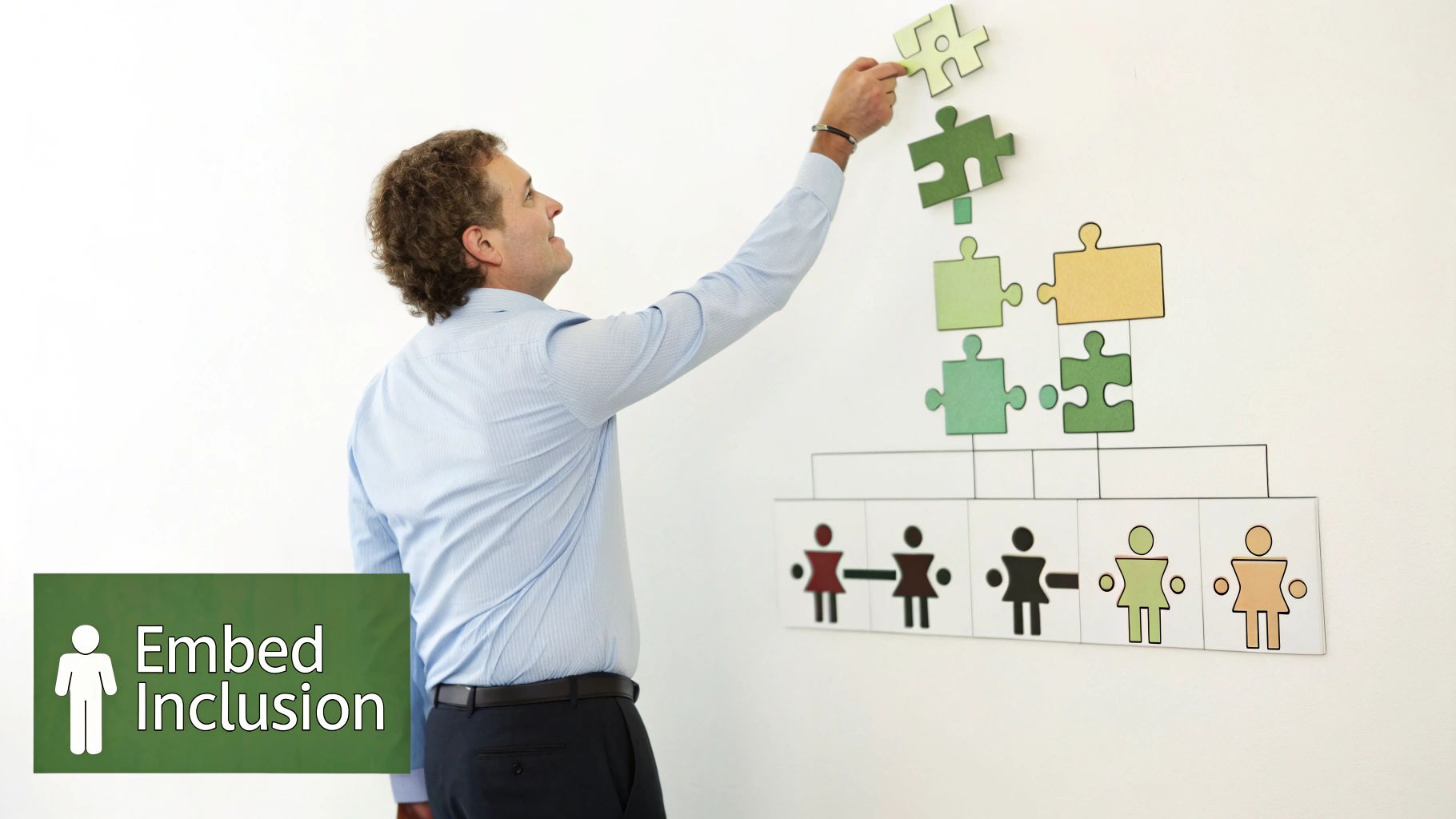Man adds a puzzle piece to a wall diagram showing diverse people and the text 'Embed Inclusion'. Man adds a puzzle piece to a wall diagram showing diverse people and the text 'Embed Inclusion'.