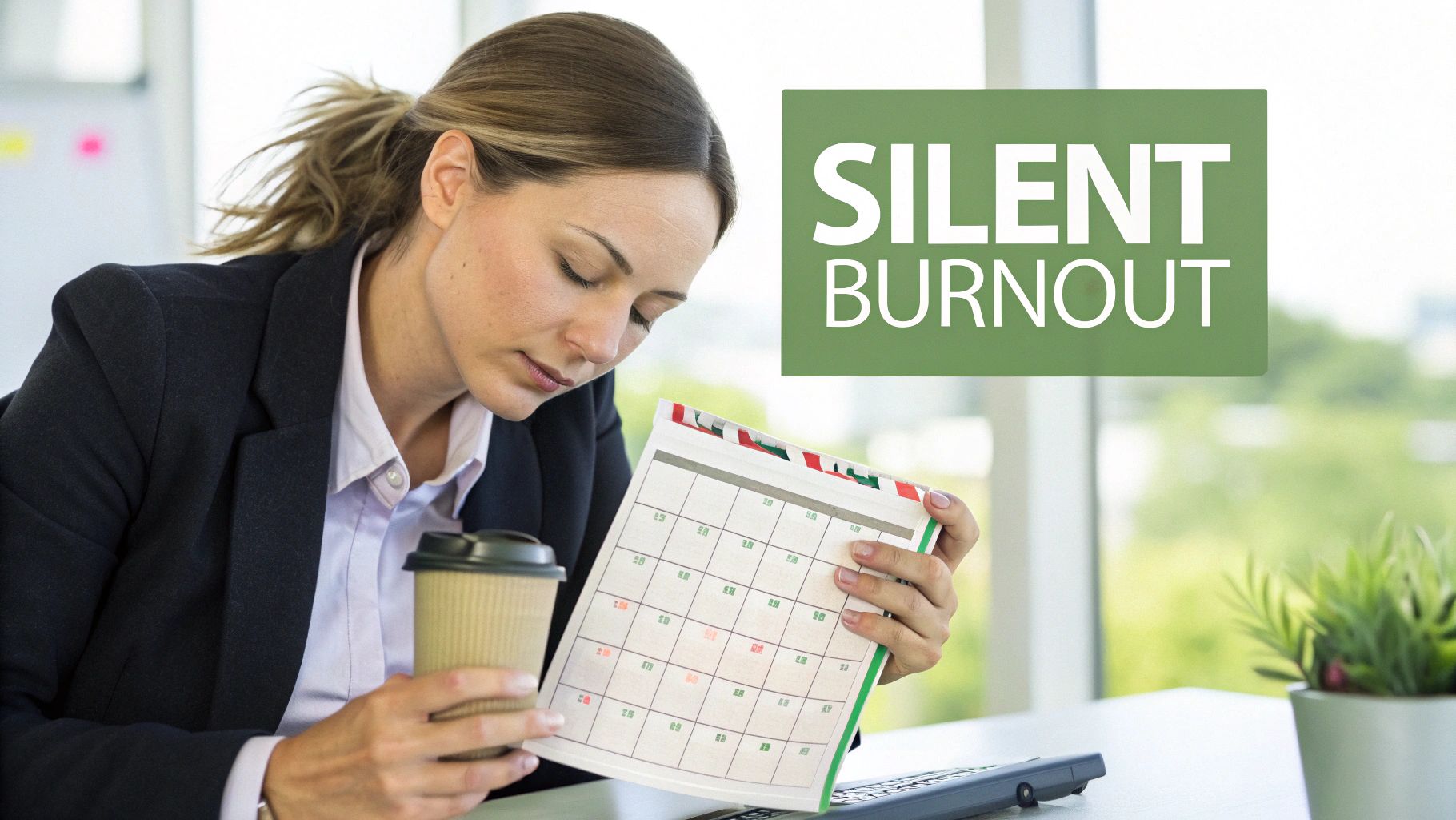 A tired woman in a suit holds a coffee cup and calendar, signifying silent work burnout. A tired woman in a suit holds a coffee cup and calendar, signifying silent work burnout.