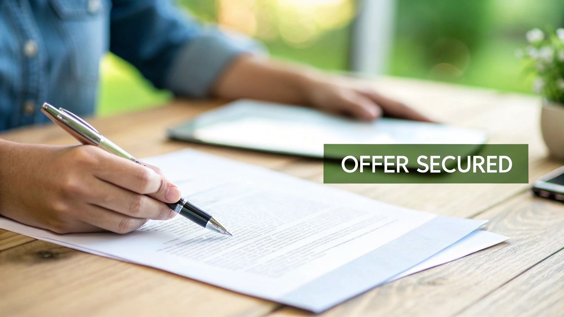 Executive woman confidently reviewing a document in a bright, modern office.