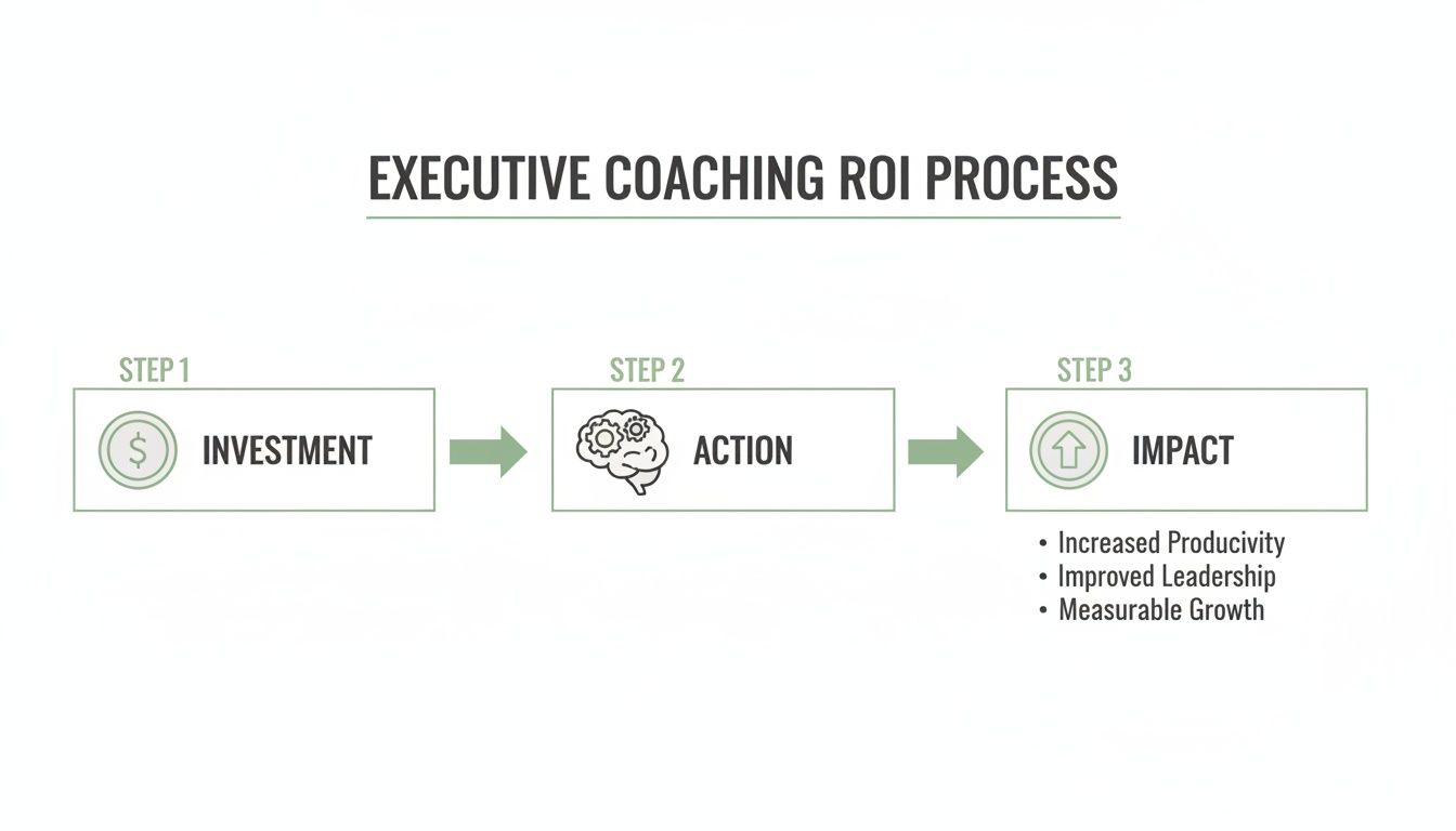 A three-step diagram showing Executive Coaching ROI: Investment, Action, leading to Impact with productivity, leadership, and growth. A three-step diagram showing Executive Coaching ROI: Investment, Action, leading to Impact with productivity, leadership, and growth.
