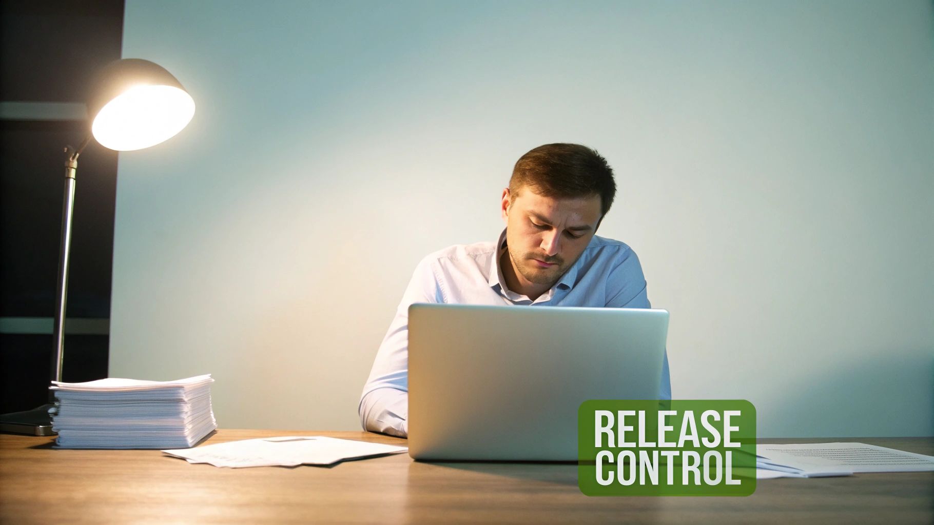 A man working late on a laptop at a desk with papers and a lamp, with 'RELEASE CONTROL' text.