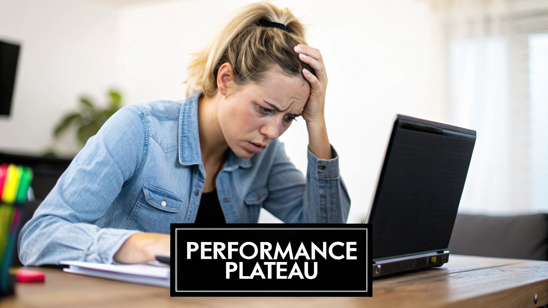 A stylized illustration of a woman's head with complex, glowing neural pathways, representing the brain's activity under stress.