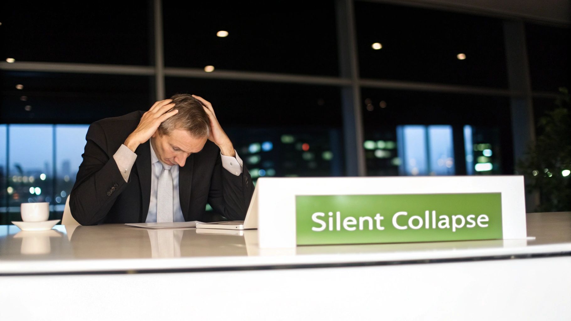 Stressed businessman with hands on head sitting at desk with silent collapse sign