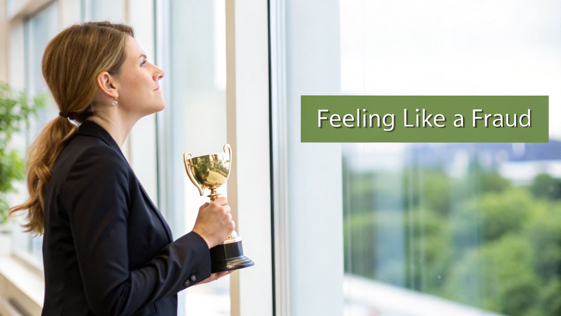 A professional woman holding a trophy and looking out a window, reflecting on feelings of being a fraud.