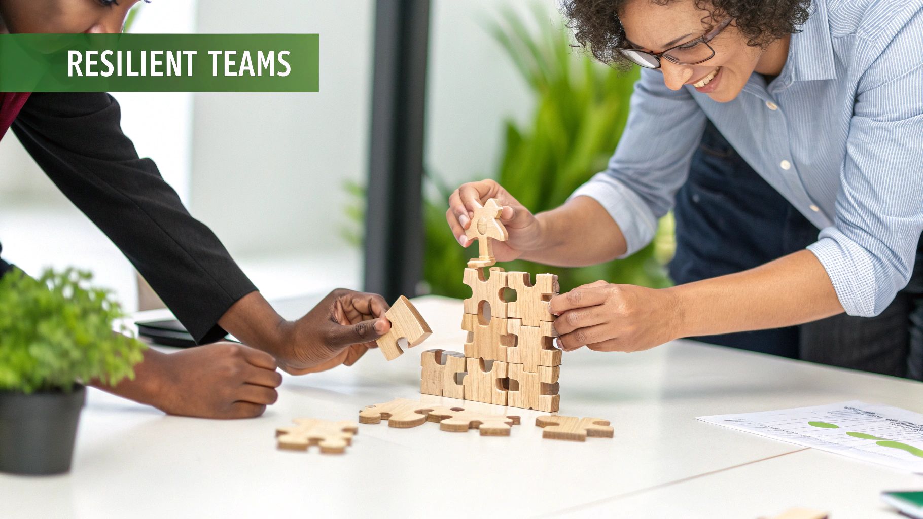 Two smiling team members collaboratively building a structure with wooden puzzle pieces, symbolizing resilient teamwork.