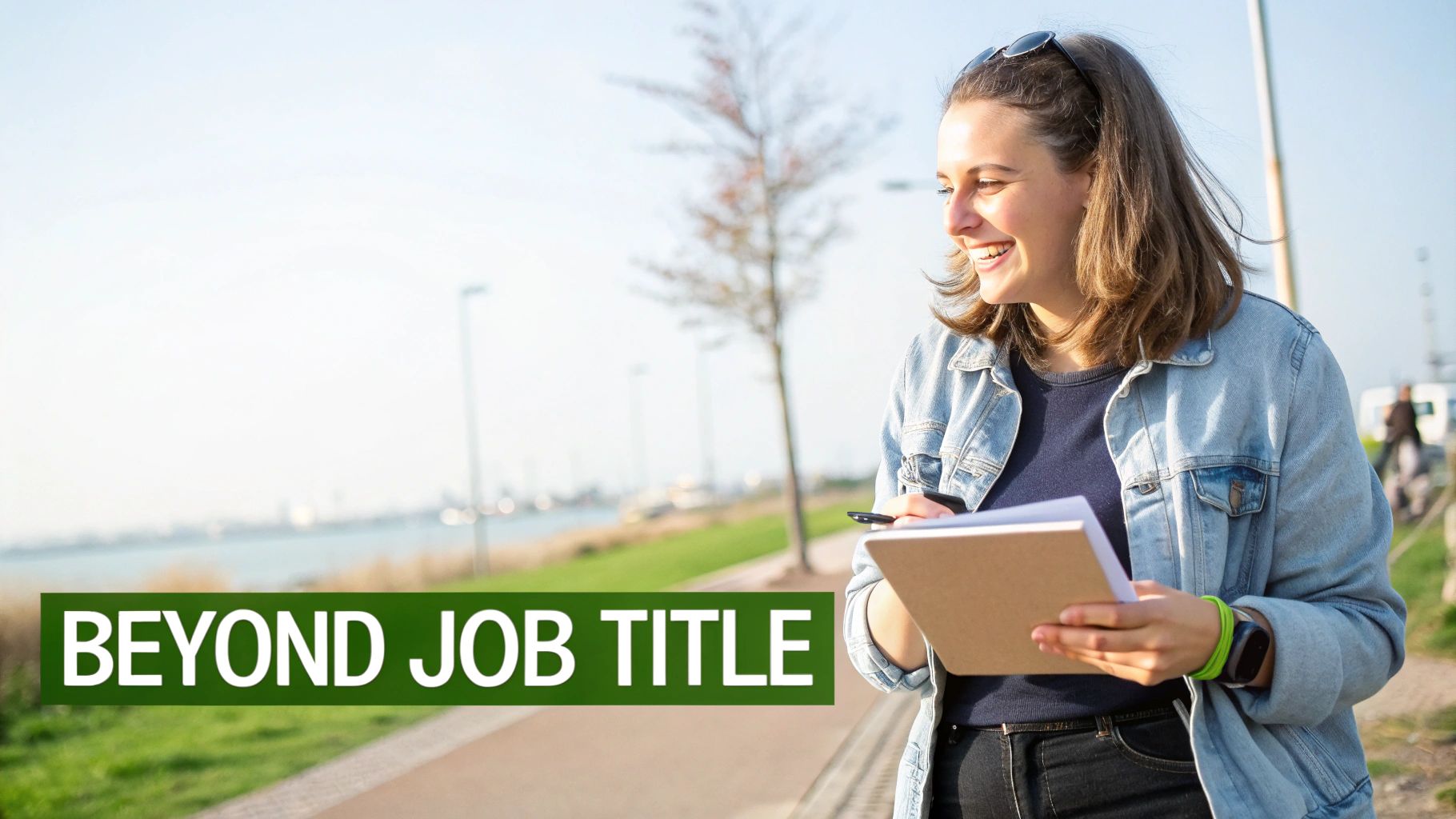 A smiling young woman in a denim jacket holds a notebook and pen outdoors, looking inspired.