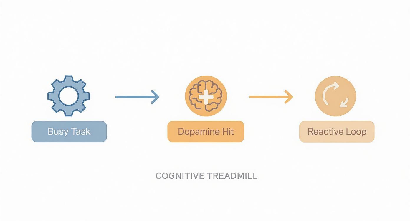 Flowchart illustrating the 'Cognitive Treadmill' showing steps: Busy Task, Dopamine Hit, and Reactive Loop. Flowchart illustrating the 'Cognitive Treadmill' showing steps: Busy Task, Dopamine Hit, and Reactive Loop.
