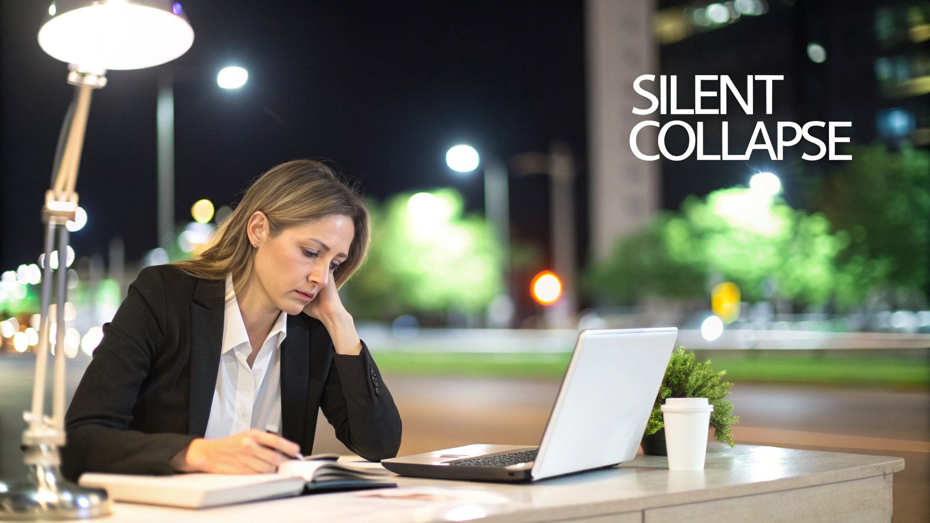 A tired woman in a suit works late at night, writing in a notebook next to a laptop. A tired woman in a suit works late at night, writing in a notebook next to a laptop.