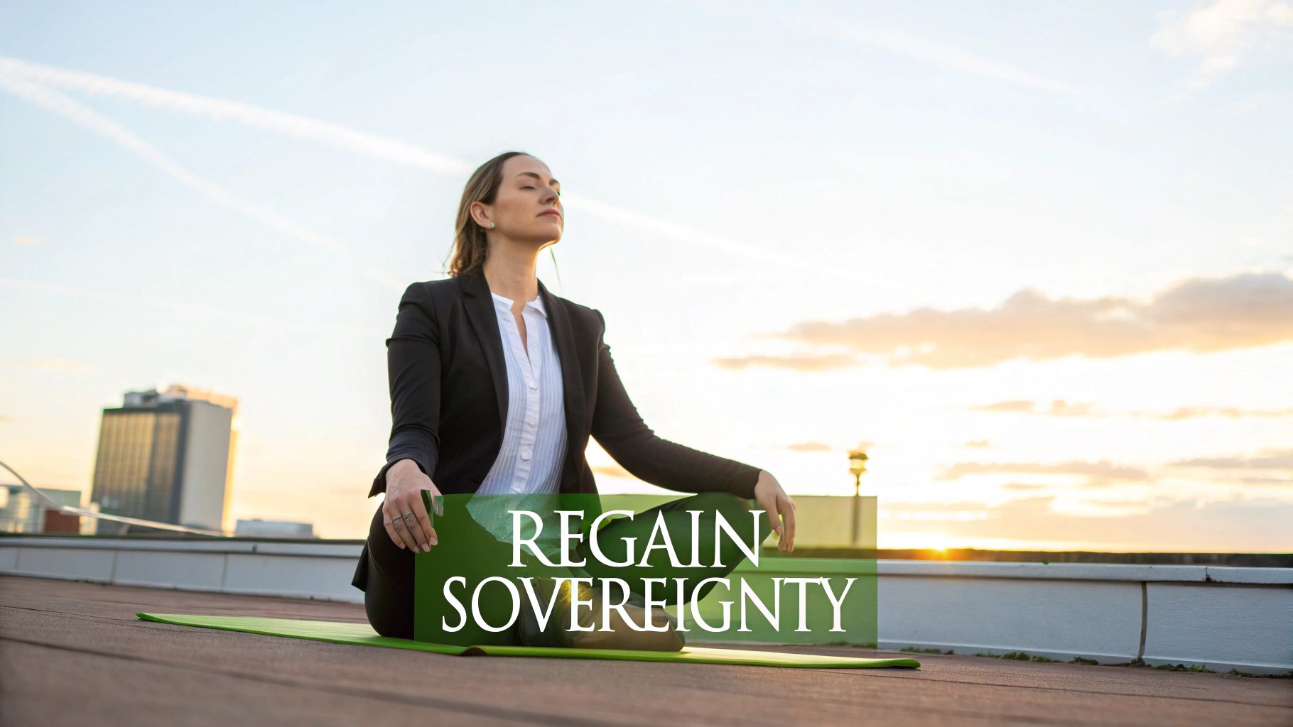 A businesswoman meditating in a lotus pose on a rooftop at sunset, seeking calm and self-control.