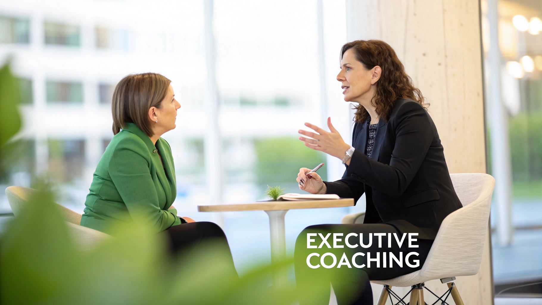Two professional women in a modern office, one coaching the other during a conversation. Two professional women in a modern office, one coaching the other during a conversation.