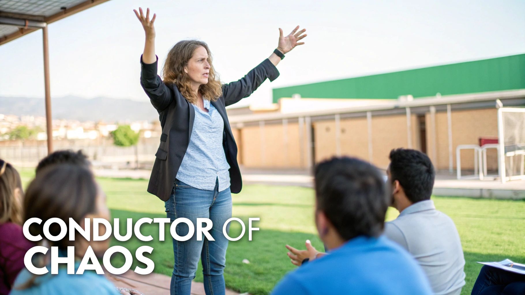 A woman with raised arms passionately speaks to a diverse group sitting outdoors on the grass. A woman with raised arms passionately speaks to a diverse group sitting outdoors on the grass.