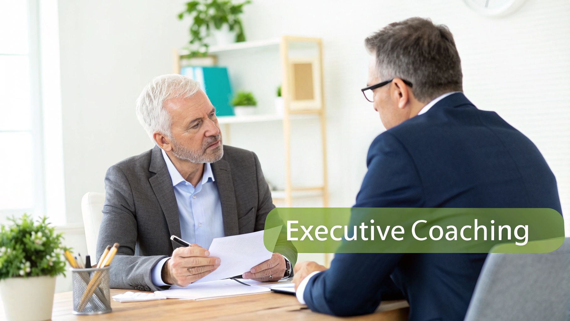 Two executive men in a coaching session, one holding documents, discussing at an office desk. Two executive men in a coaching session, one holding documents, discussing at an office desk.