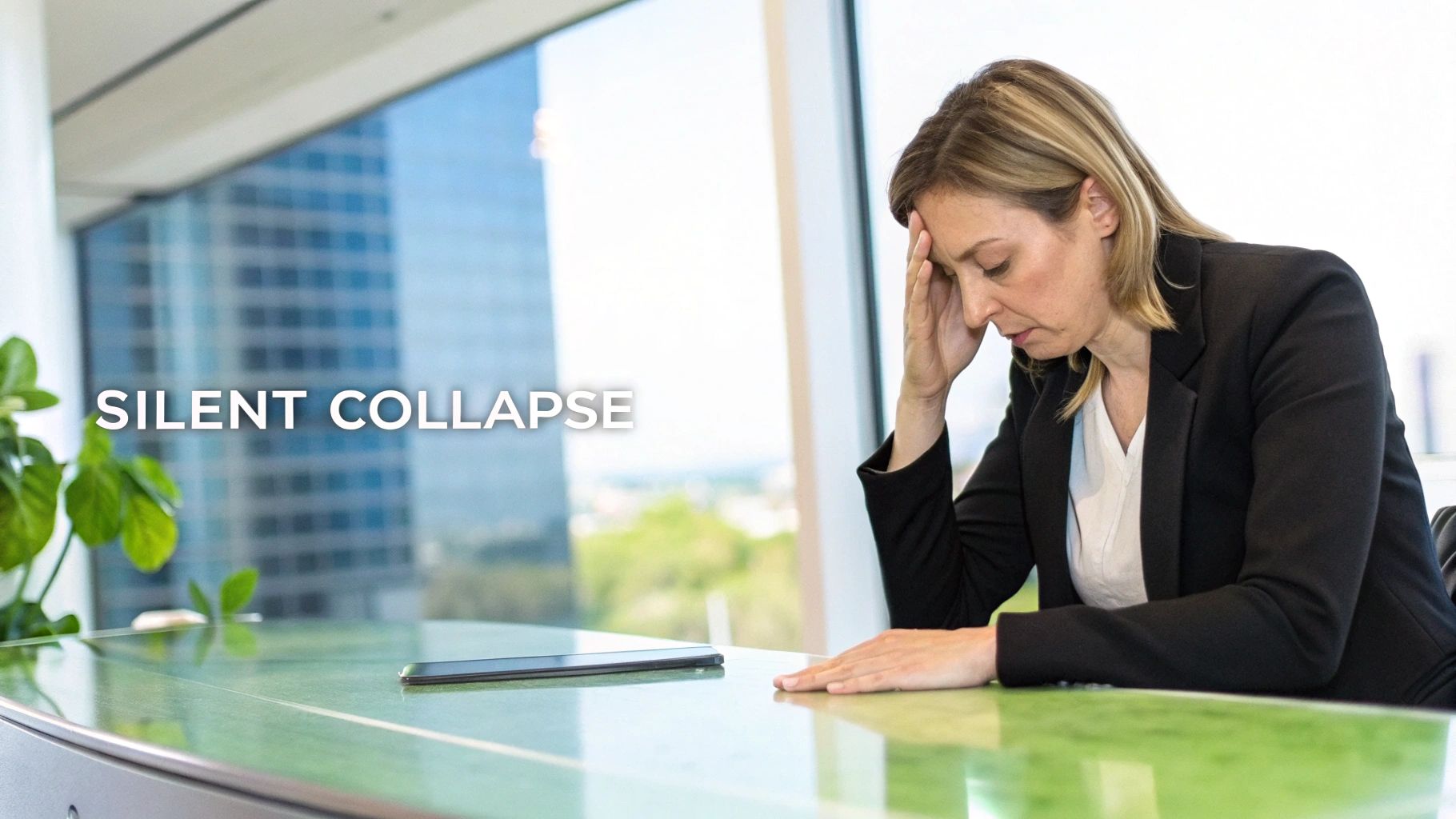 A distressed woman in a black blazer with her hand on her head, sitting at an office table.