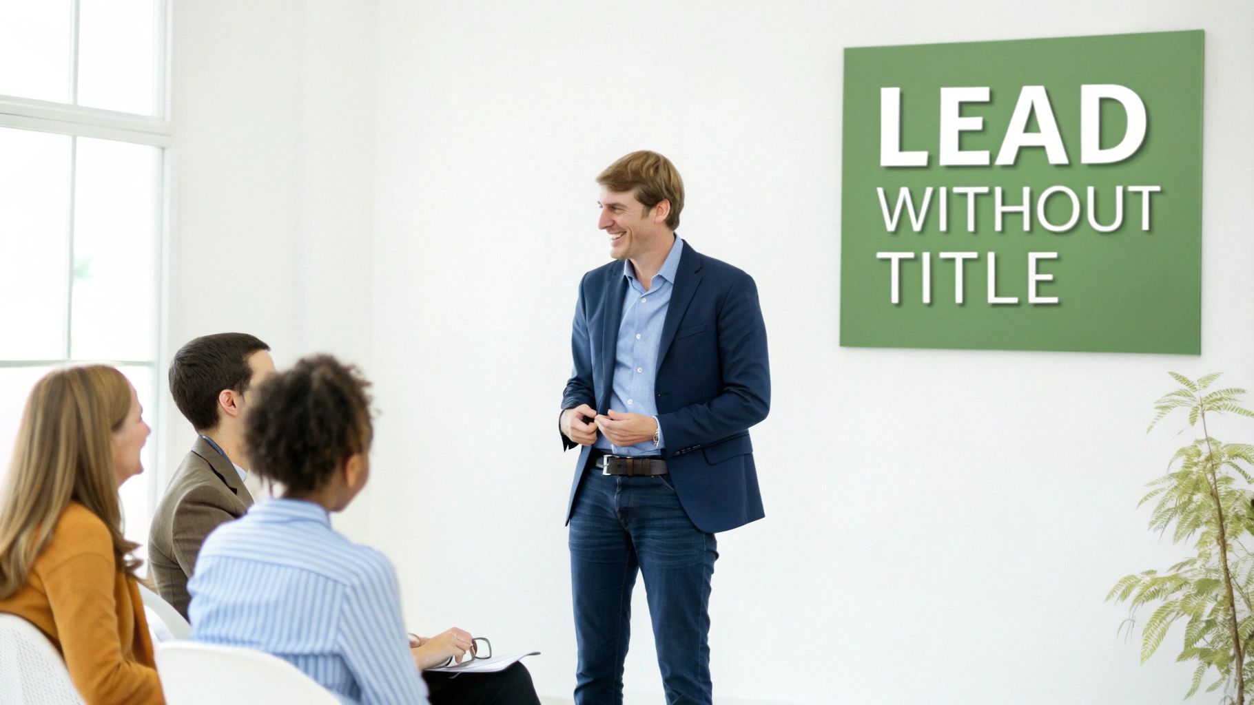 A smiling man in a blue suit speaks to colleagues in a bright room with a "Lead Without Title" sign.