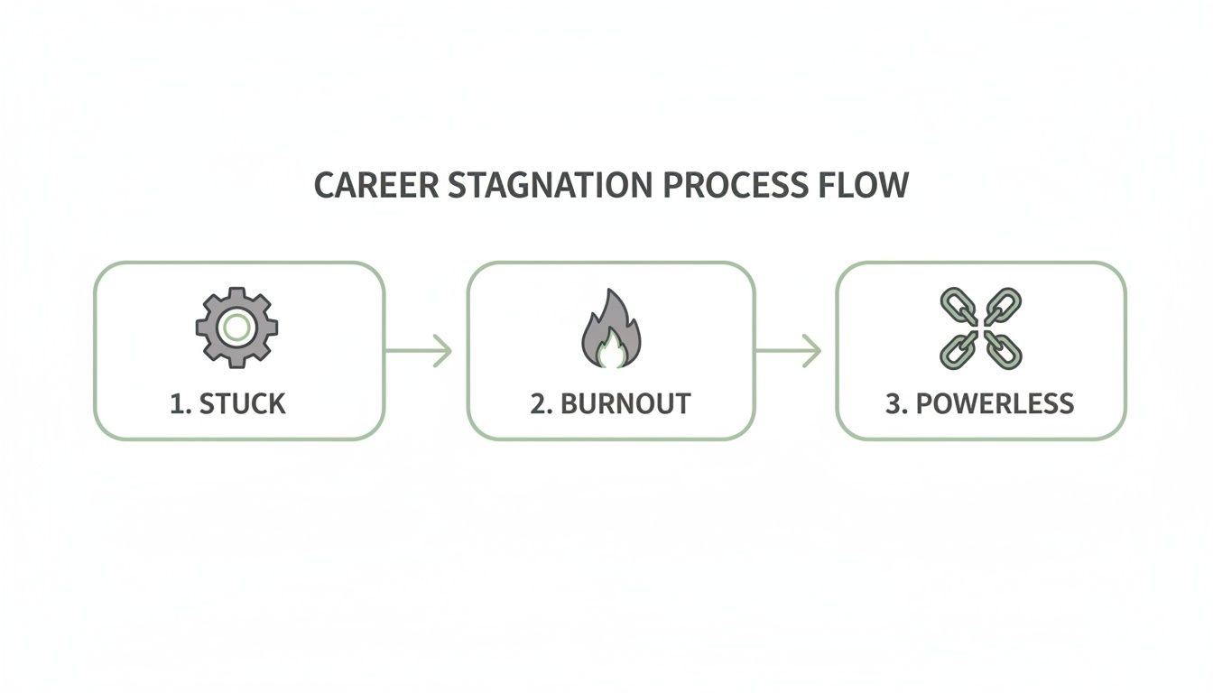 Flowchart showing the career stagnation process with three stages: Stuck, Burnout, and Powerless, each with an icon.