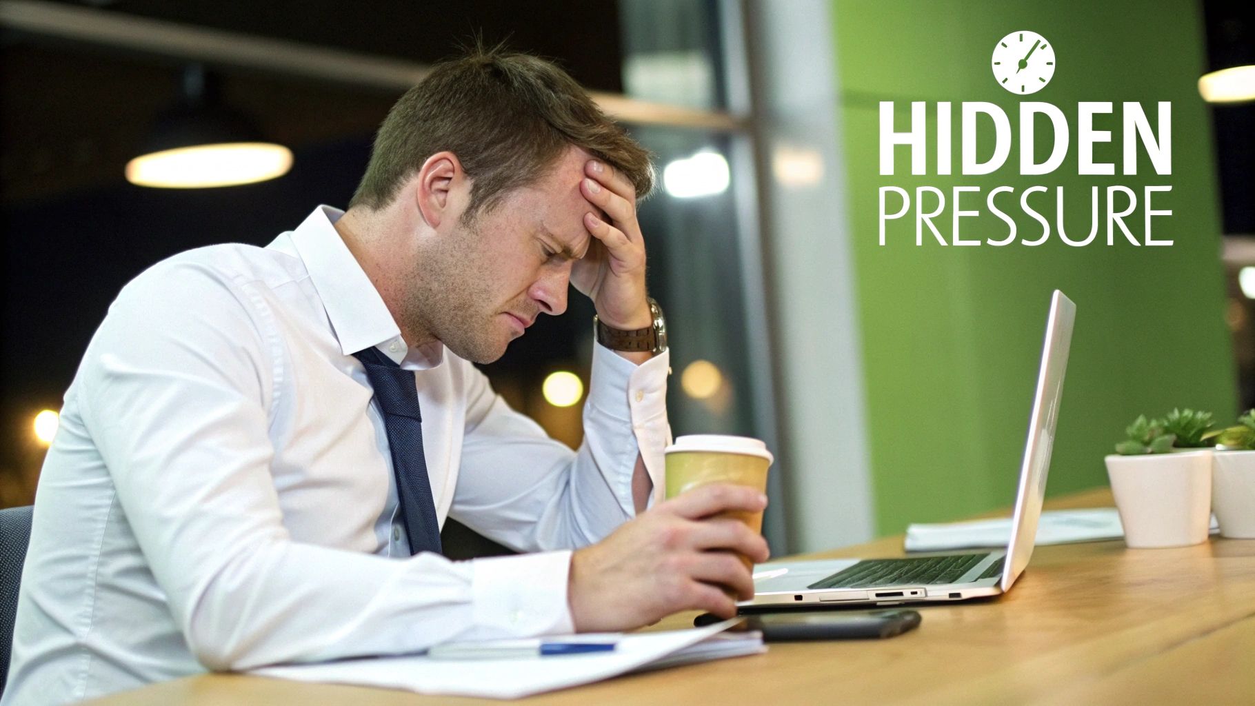 Stressed businessman holding his head at a desk with a laptop and coffee cup.