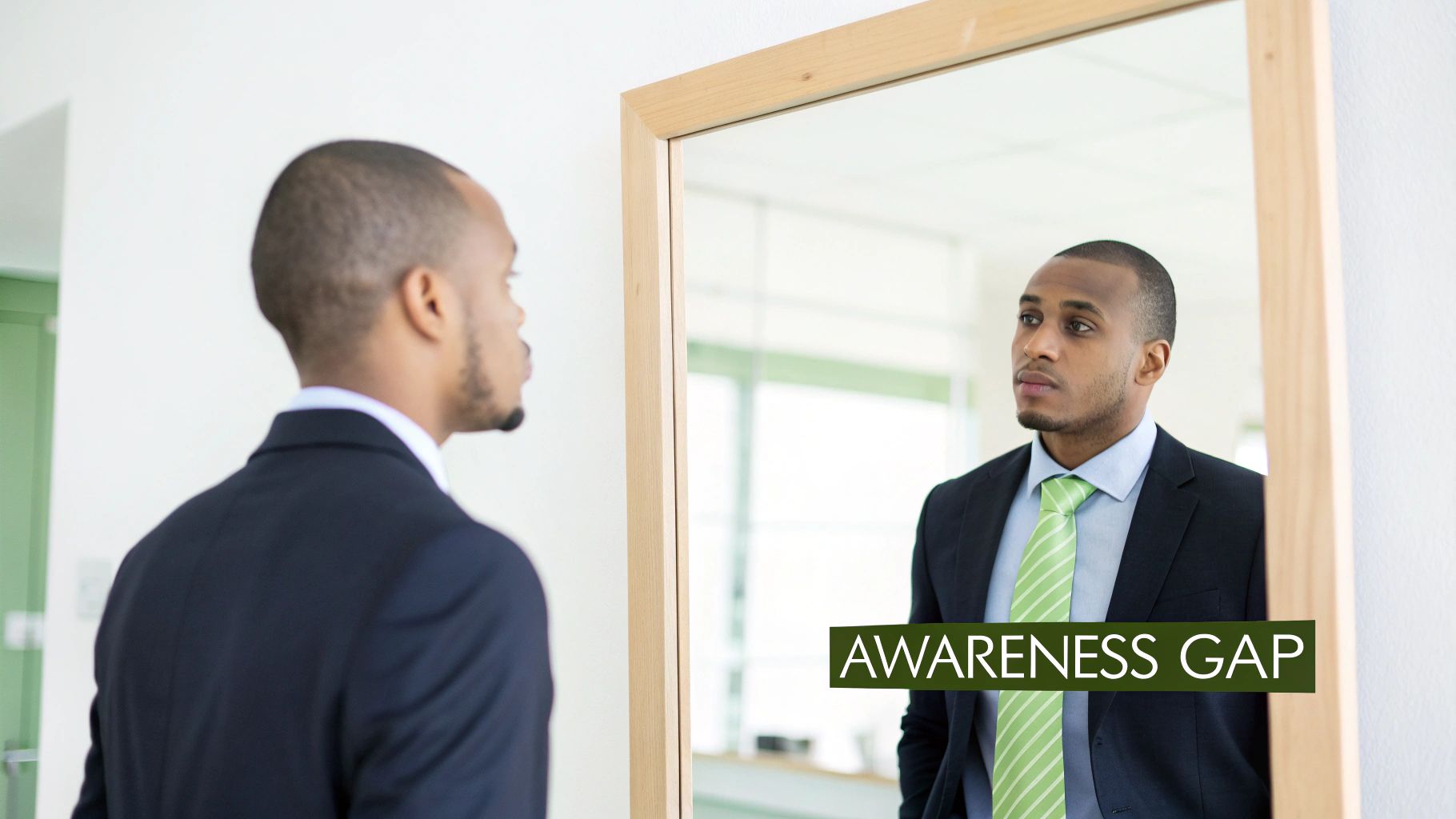 A man in a dark suit and light green tie looks thoughtfully at his reflection in a mirror, with "AWARENESS GAP" overlay. A man in a dark suit and light green tie looks thoughtfully at his reflection in a mirror, with "AWARENESS GAP" overlay.