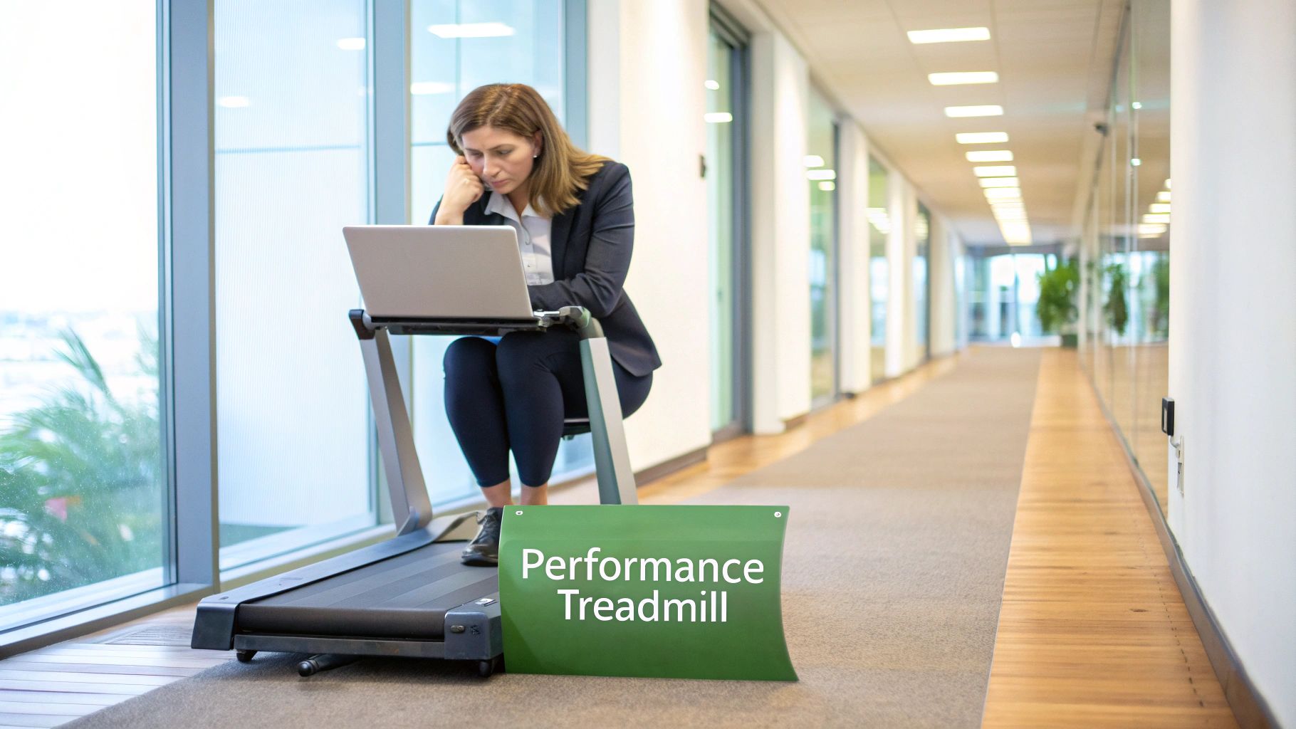 A businesswoman works on a laptop at a treadmill desk, with a sign reading 'Performance Treadmill'. A businesswoman works on a laptop at a treadmill desk, with a sign reading 'Performance Treadmill'.