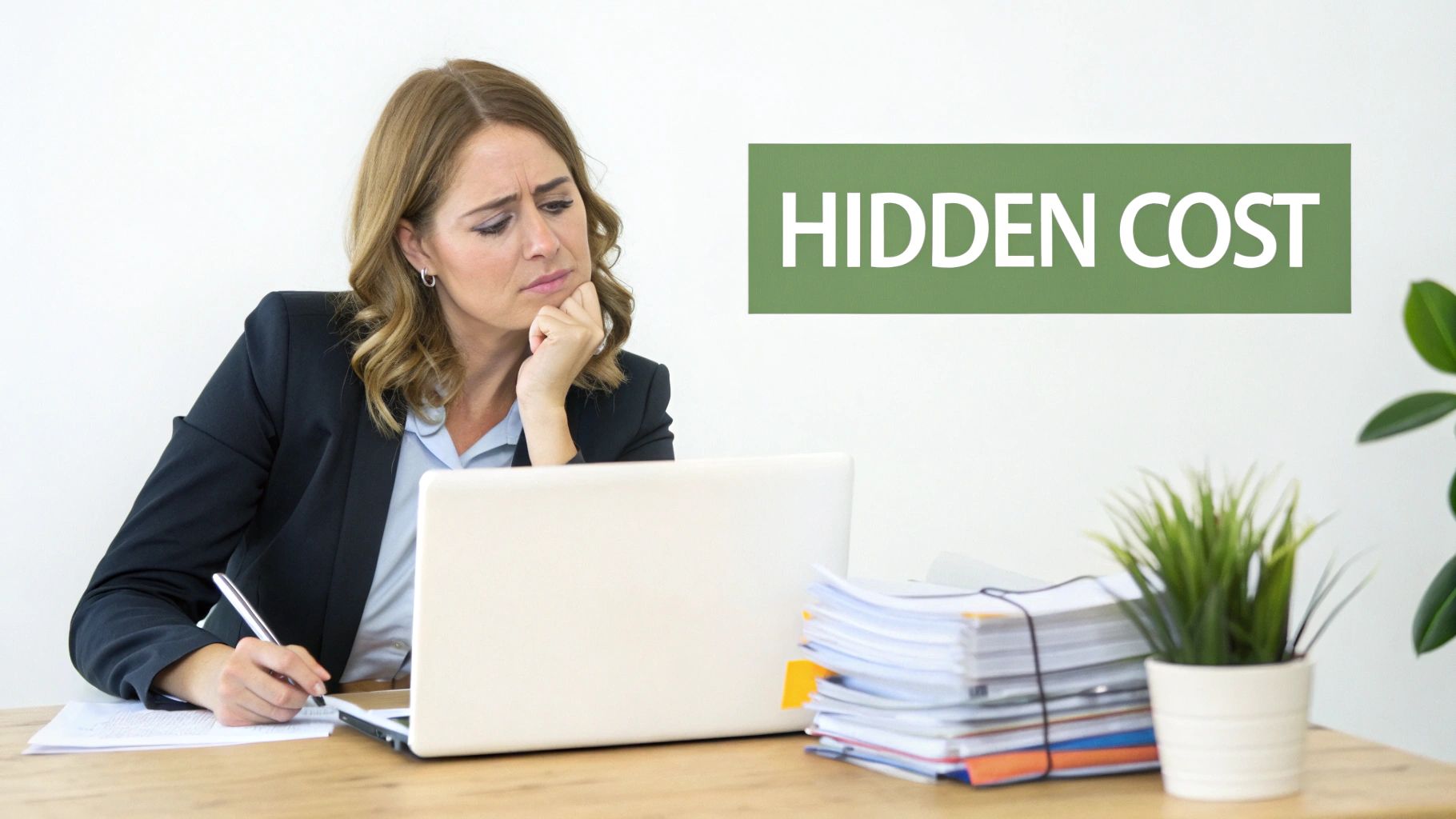 A pensive businesswoman at a desk with a laptop, documents, and a "HIDDEN COST" sign.