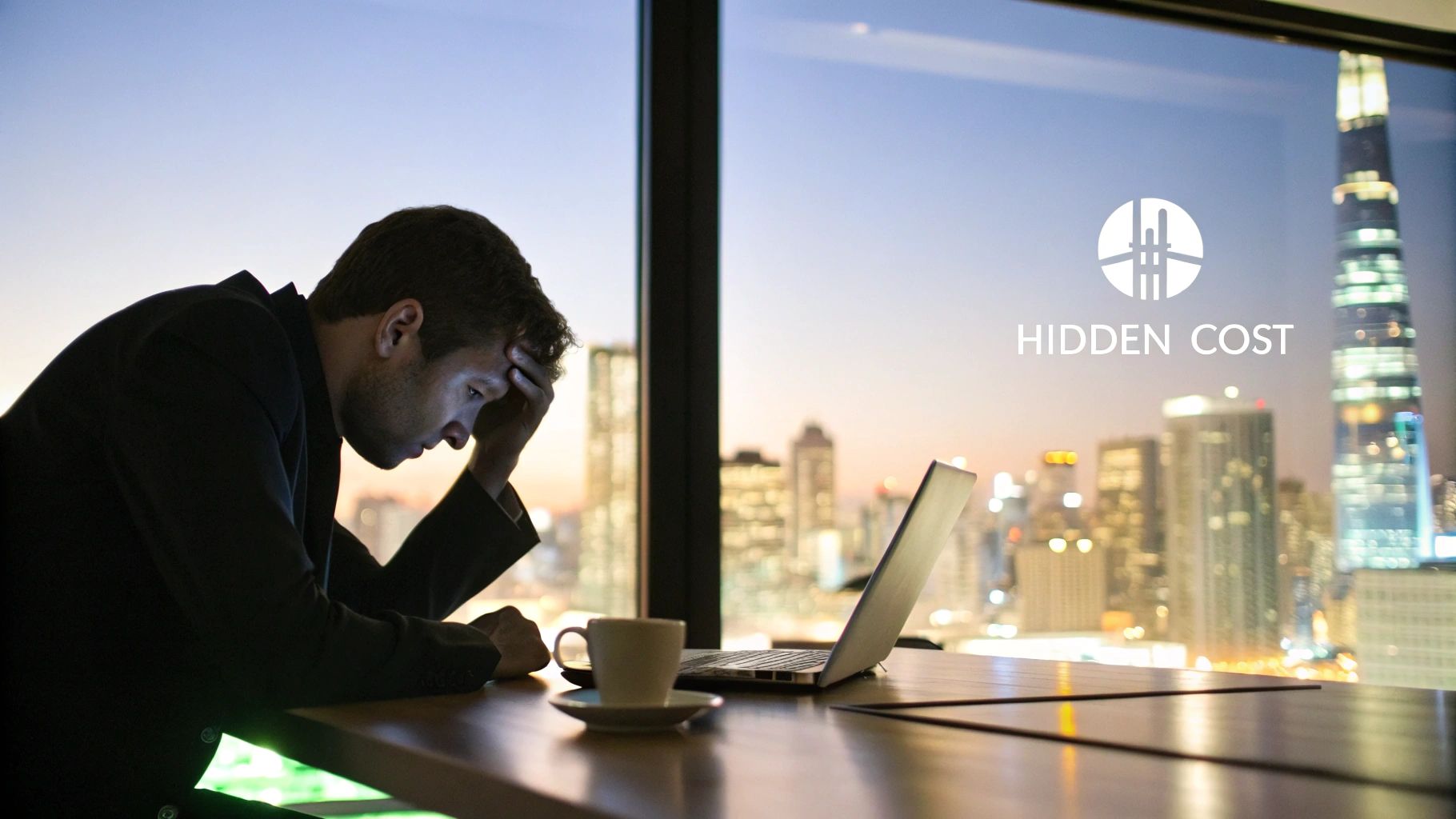 A stressed businessman looks at his laptop with his hand on his head, overlooking a city skyline at dusk.