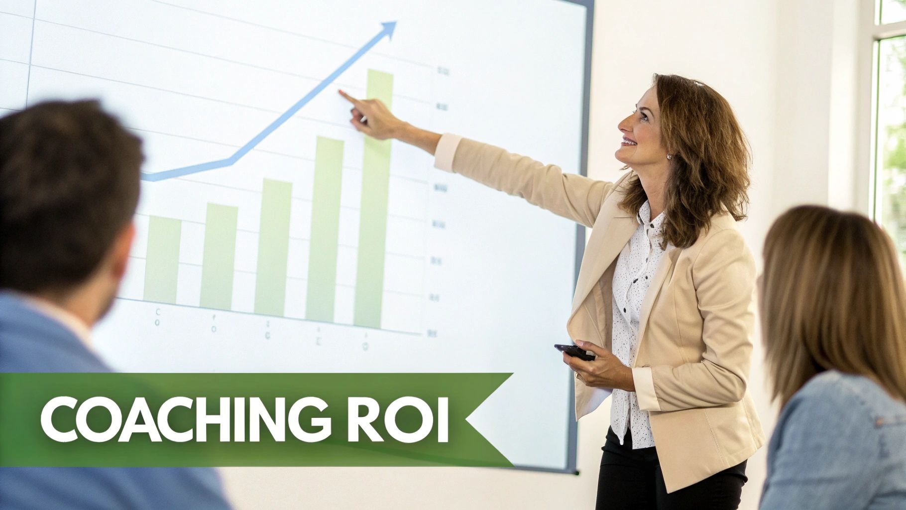 A professional woman points at a growth chart on a screen, presenting 'Coaching ROI' to an audience. A professional woman points at a growth chart on a screen, presenting 'Coaching ROI' to an audience.