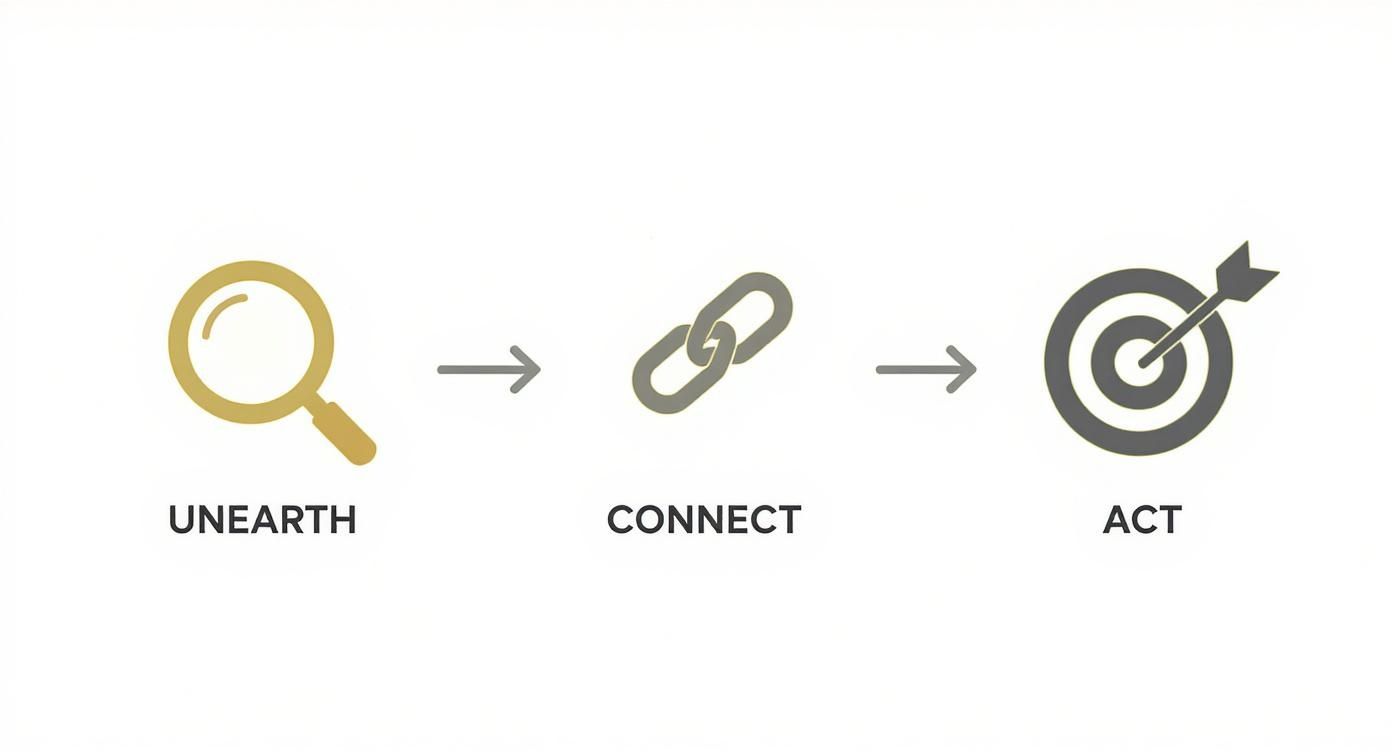 A three-step process diagram with magnifying glass for Unearth, chain link for Connect, and target with arrow for Act.