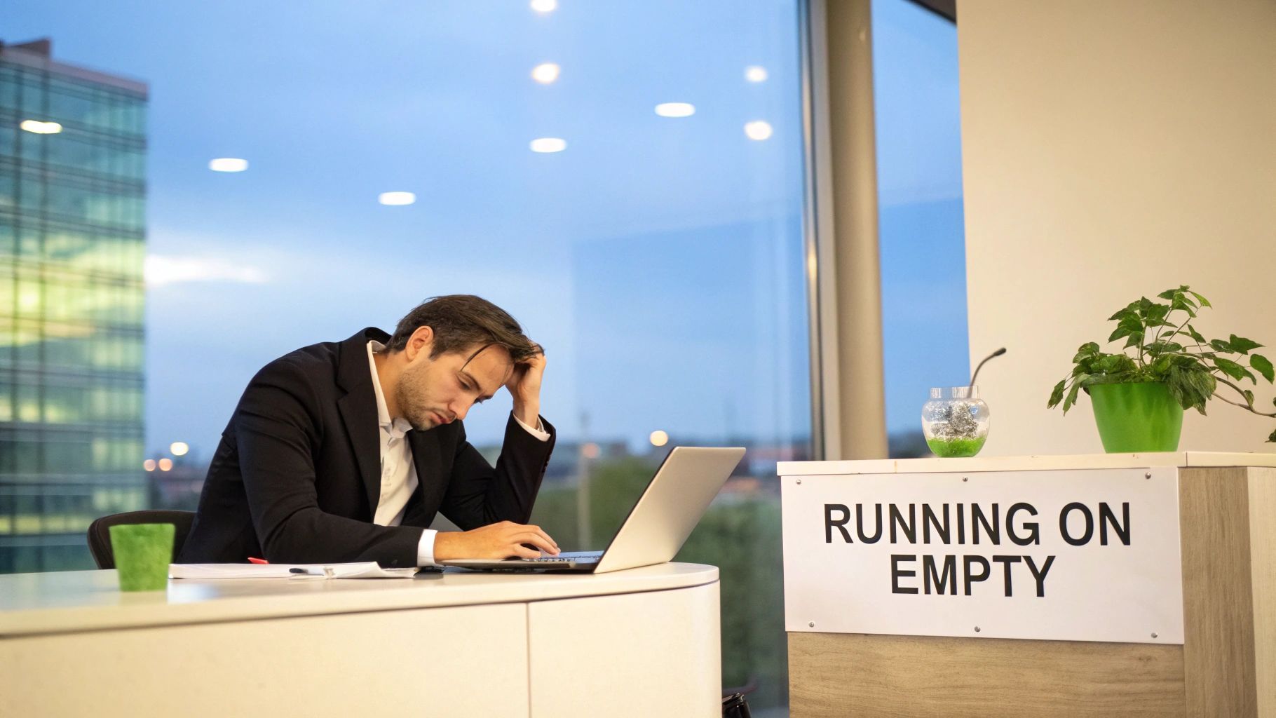 Stressed businessman working late at laptop in modern office with running on empty sign Stressed businessman working late at laptop in modern office with running on empty sign