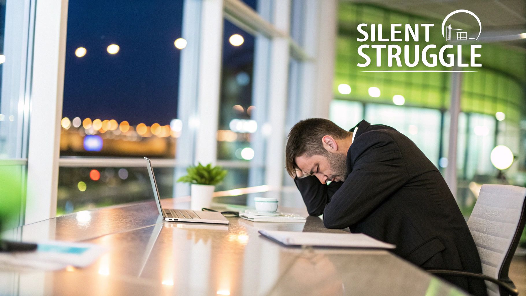 An exhausted businessman in a suit slumps over an office desk with a laptop and papers, with city lights visible outside.