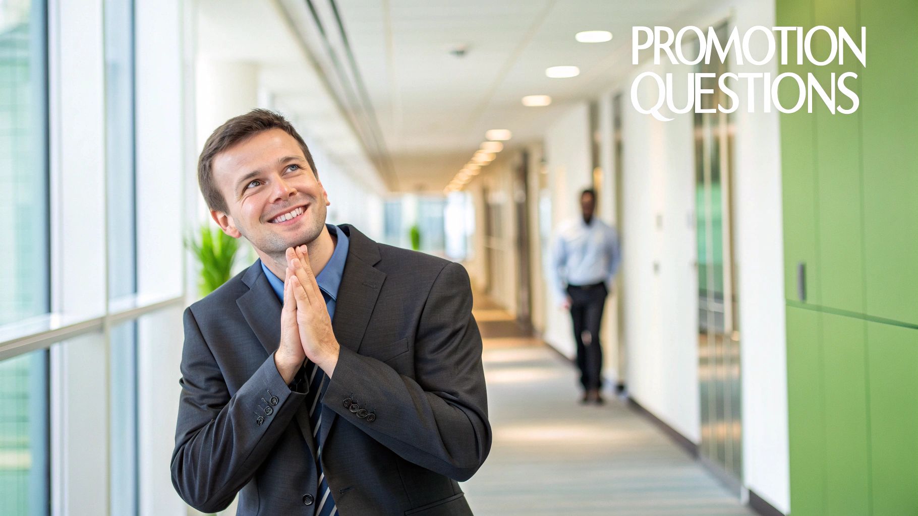 Executive woman feeling a mix of excitement and anxiety in a modern office.