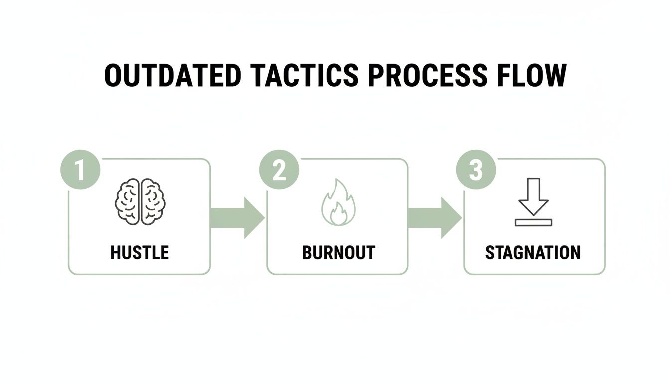 Flowchart illustrating the outdated work tactics of hustle, leading to burnout and eventual stagnation.