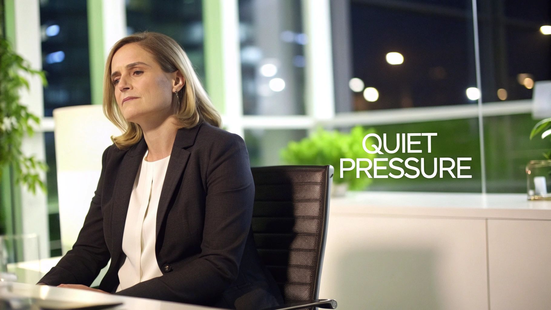 A businesswoman in a suit looks thoughtful, sitting in an office with 'QUIET PRESSURE' text.