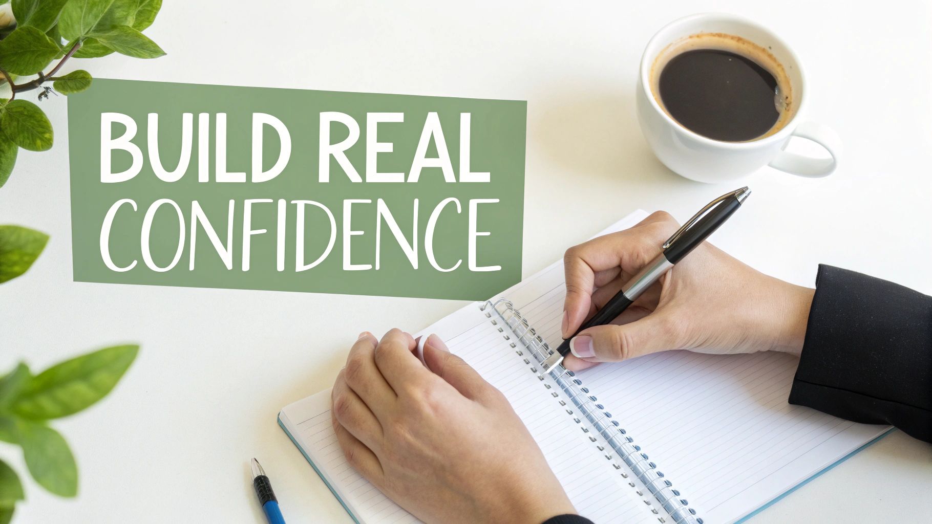 A person's hands writing notes in a spiral notebook, with 'BUILD REAL CONFIDENCE' sign and coffee.