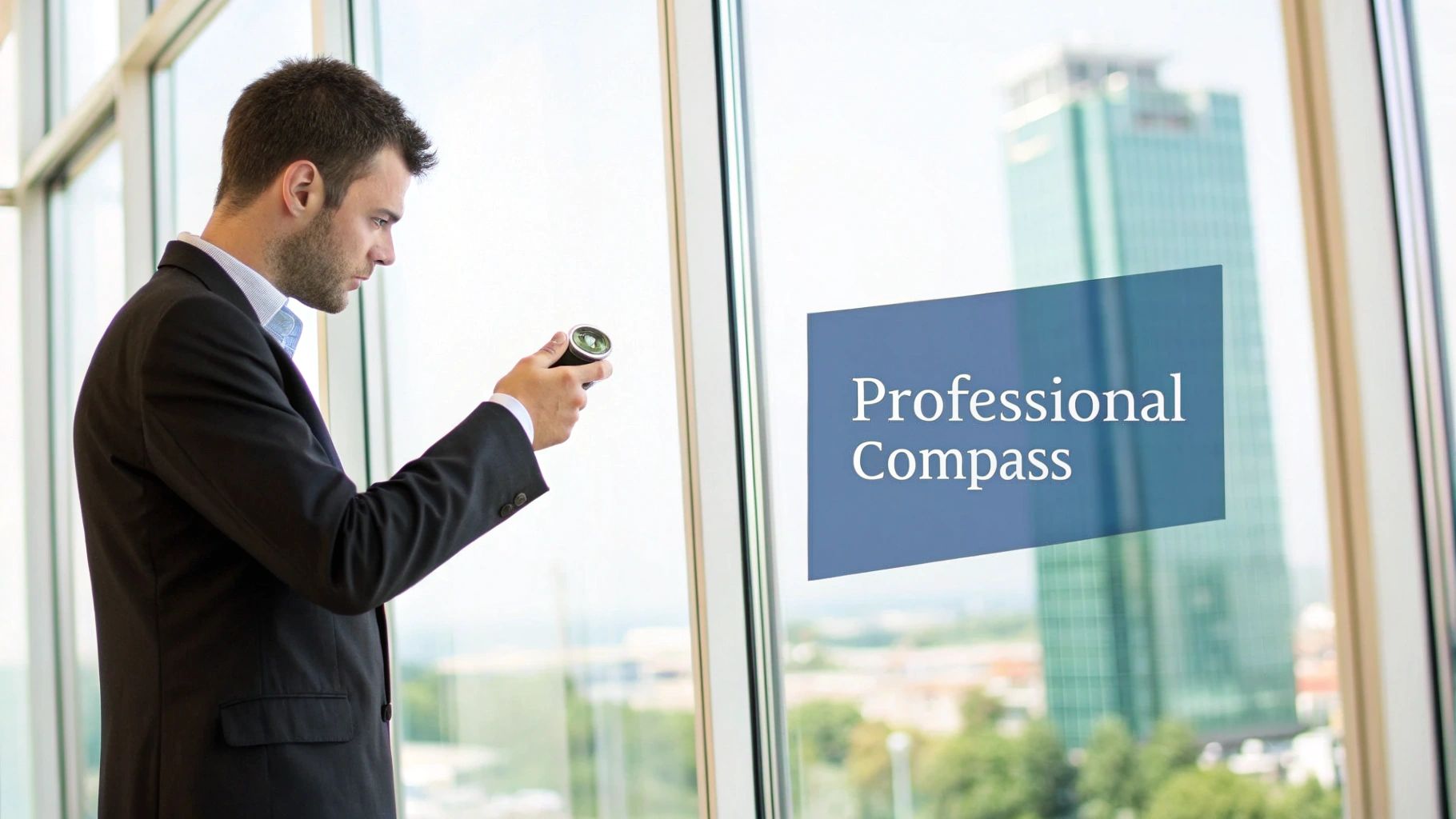A woman confidently holding a compass, symbolizing the clarity that professional values provide in career navigation.