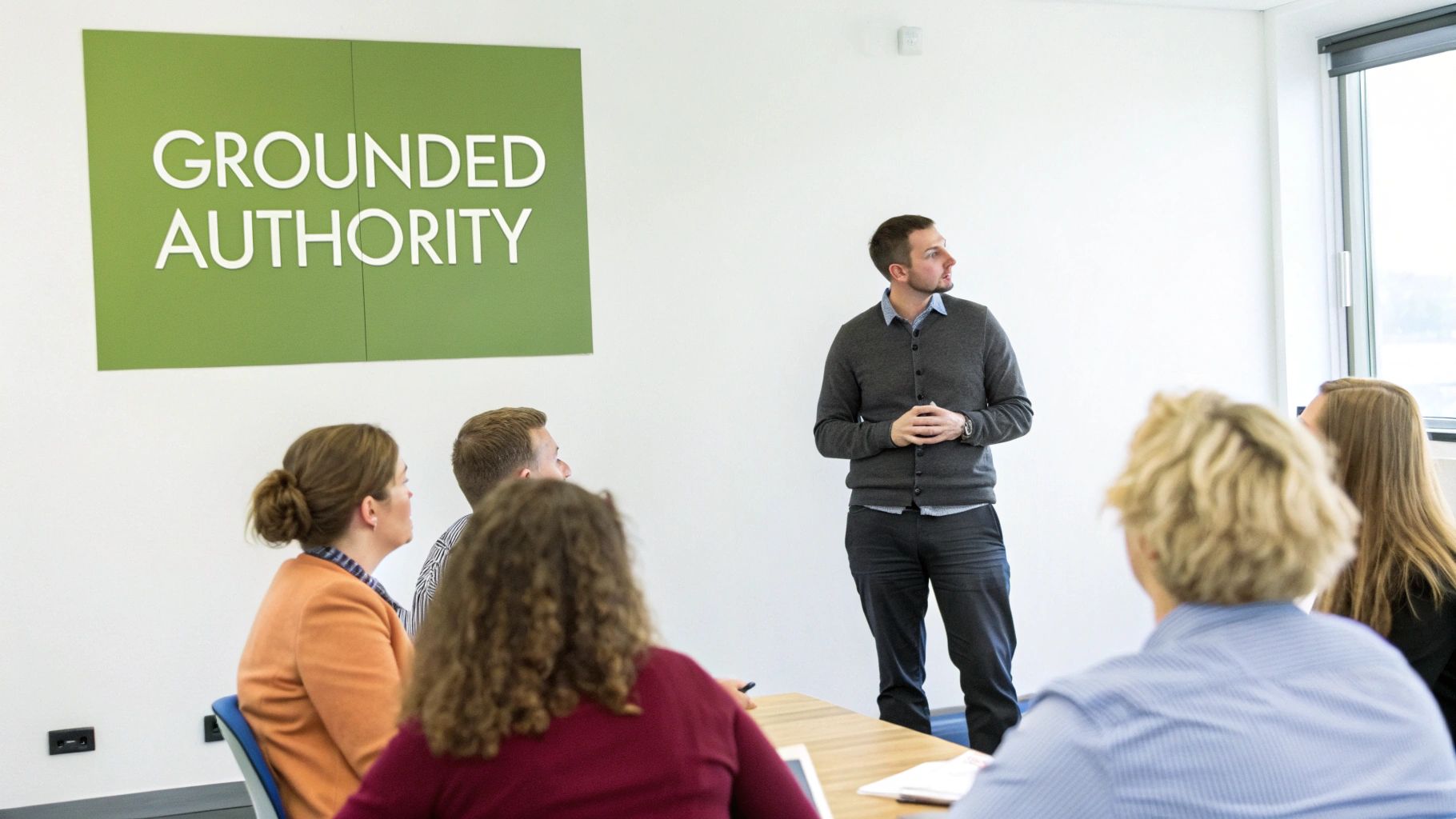 Professional presenter teaching grounded authority concepts to engaged audience in modern conference room Professional presenter teaching grounded authority concepts to engaged audience in modern conference room